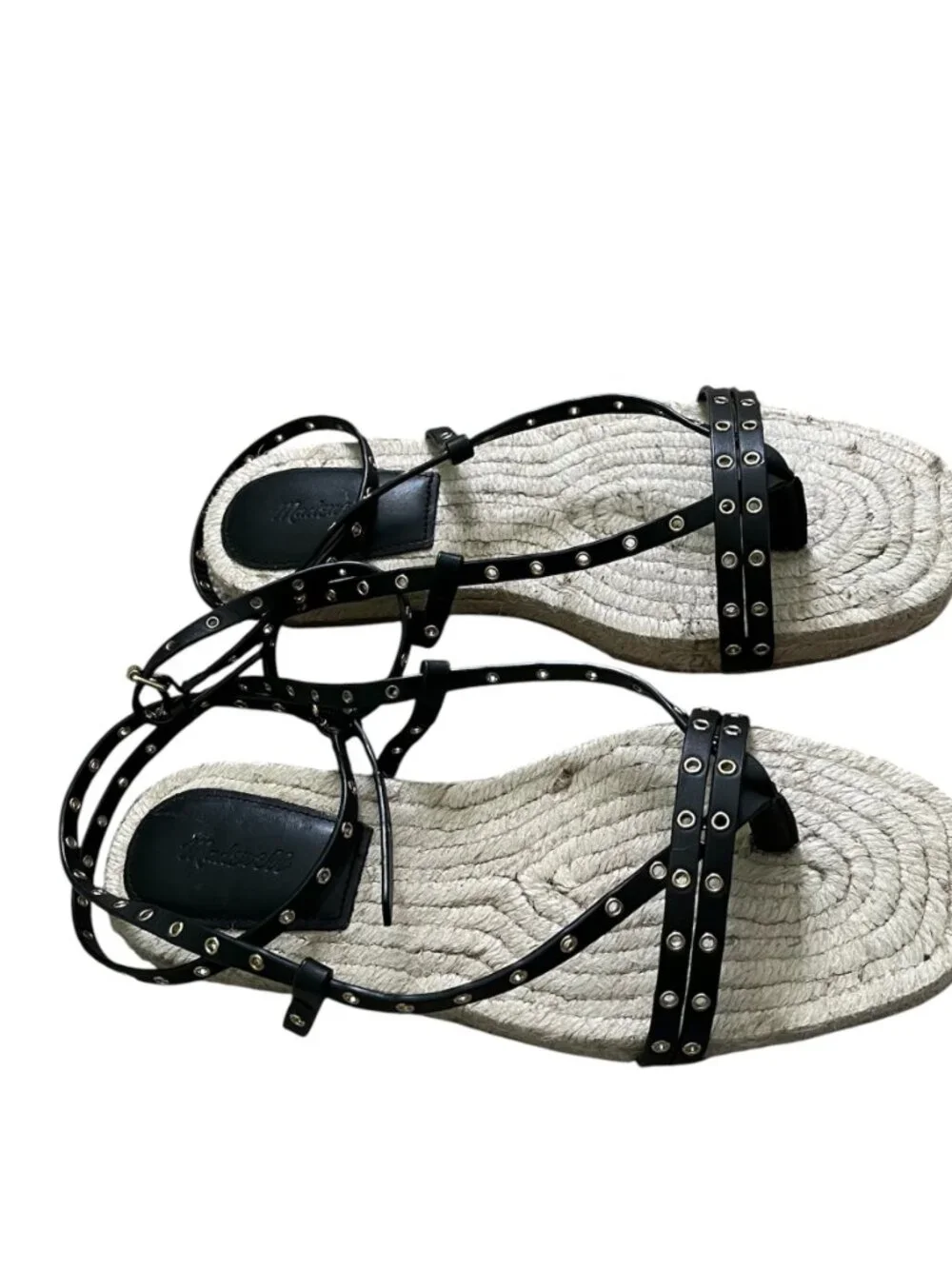 Madewell Mira Espadrille Thong Sandal Ankle Wrap Grommet Leather Black Size 8